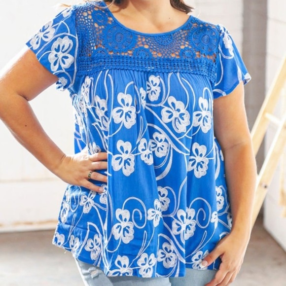 Liv Los Angeles Shirt Blue Embroidered Boho Top 2X NWT - Picture 5 of 5